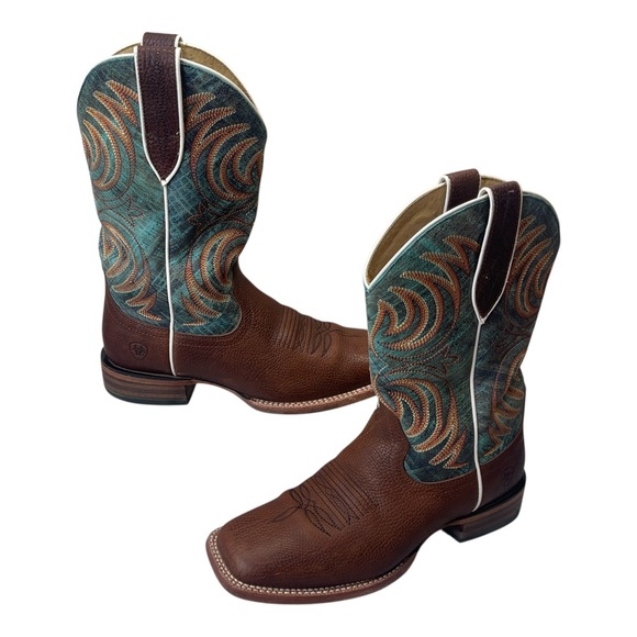Ariat Brown Teal Leather Wide Square Toe Western Cowboy Boot Men’s Size 8.5D - Picture 1 of 15